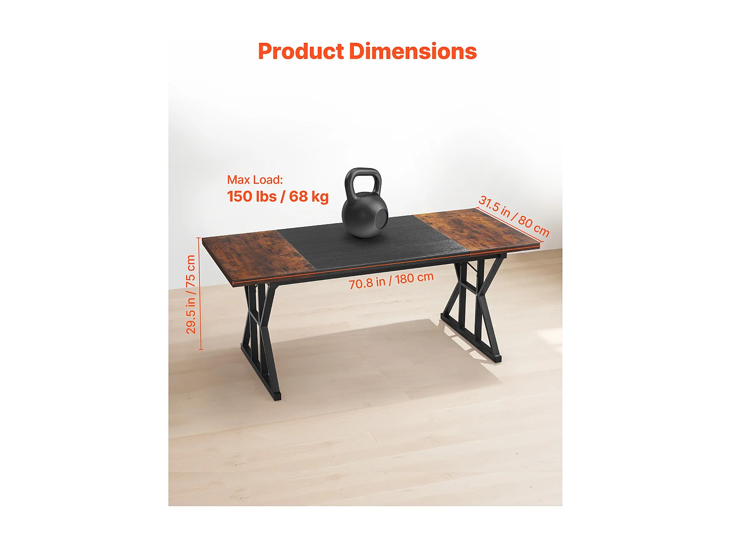 Directiebureau SucceBuy 180 x 80 cm, Grote Eenvoudige en Moderne Computertafel, Studiebureau van Hout met Metalen Frame, Belasting 68 kg, Bruin en Zwart
