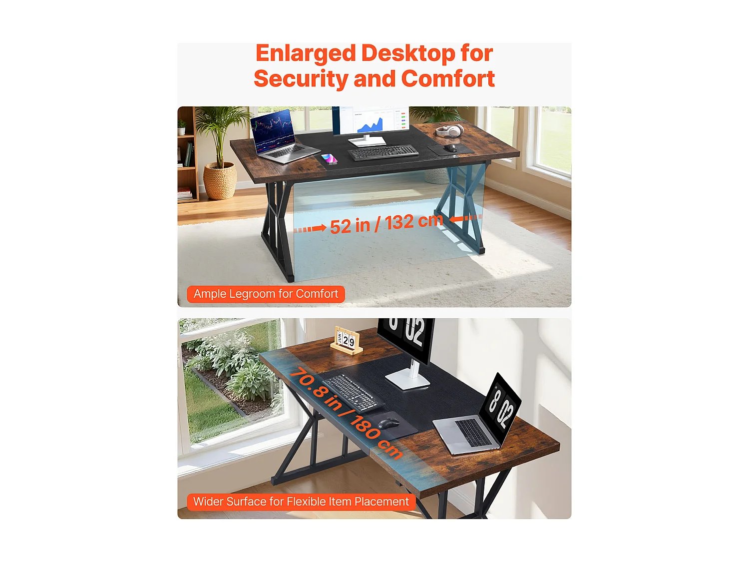 Directiebureau SucceBuy 180 x 80 cm, Grote Eenvoudige en Moderne Computertafel, Studiebureau van Hout met Metalen Frame, Belasting 68 kg, Bruin en Zwart