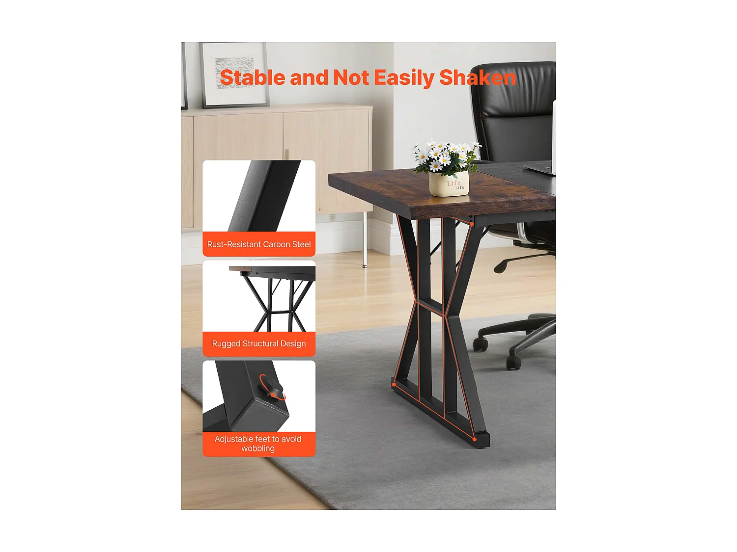 Directiebureau SucceBuy 180 x 80 cm, Grote Eenvoudige en Moderne Computertafel, Studiebureau van Hout met Metalen Frame, Belasting 68 kg, Bruin en Zwart