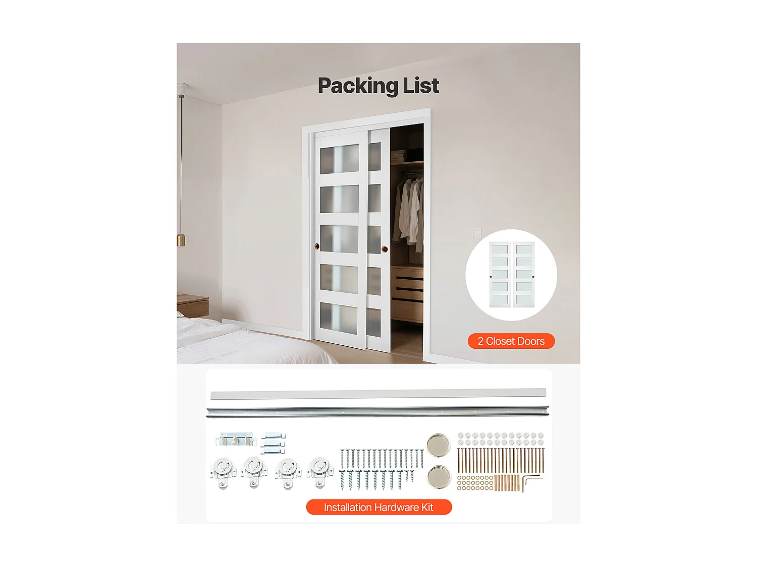 Drzwi Przesuwne SucceBuy do Szafy 121,9 x 203,2 cm, Podwójne Drzwi do Szaf w Szkle Matowym z 5 Panelami, z Kompletem Okuć i Szyną Podłogową