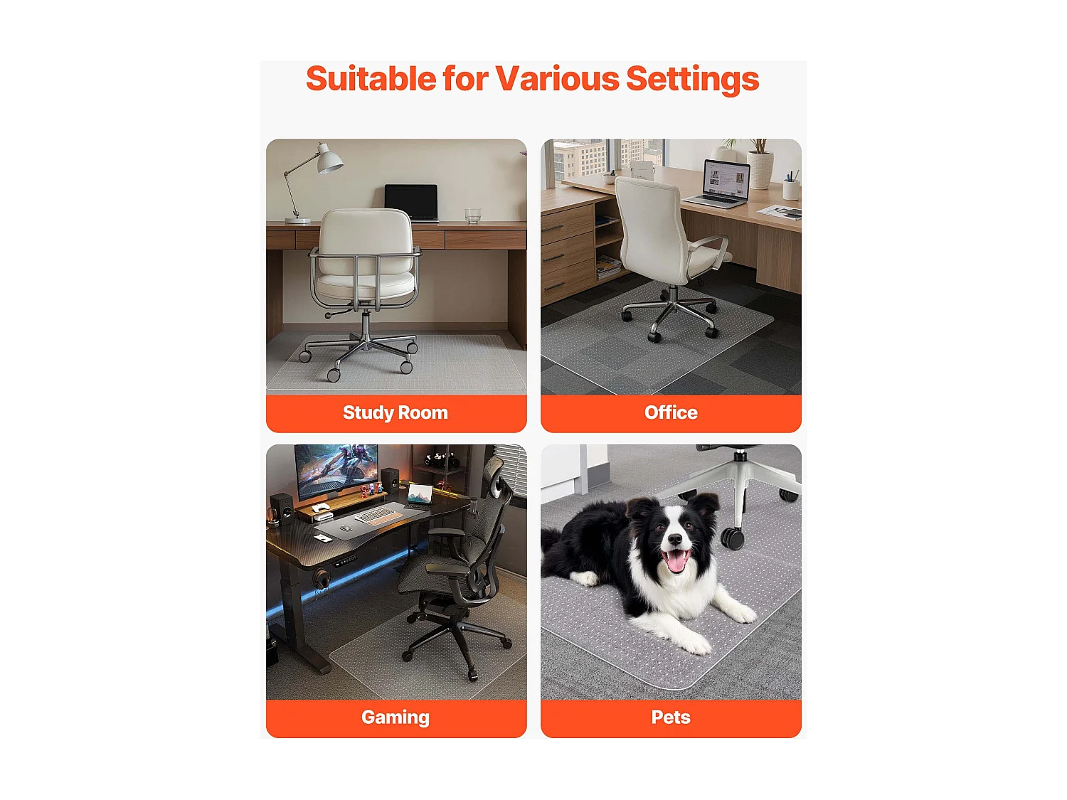 Bureau Stoel Mat SucceBuy van 121,9x91,4 cm, Vloerbescherming voor Tapijt, van Kunststof, Rechthoekig, Transparant, Antislip en Gemakkelijk Schoon te Maken