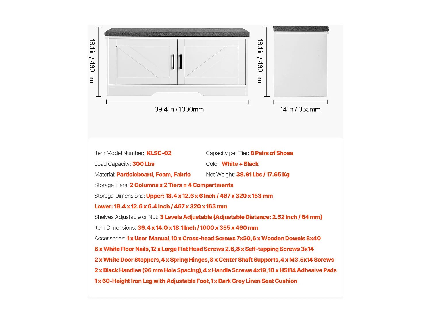 Banc de Rangement SucceBuy à Chaussures, 100 x 35,5 x 46 cm, Banc d'Entrée avec Coussin d'Assise Rembourré, 2 Portes de Grange et Étagère Réglable en Hauteur