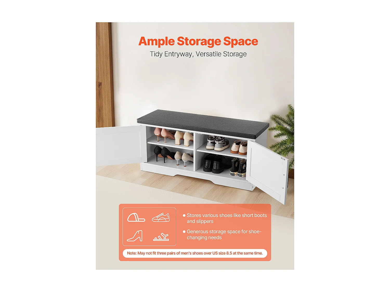 Banc de Rangement SucceBuy à Chaussures, 100 x 35,5 x 46 cm, Banc d'Entrée avec Coussin d'Assise Rembourré, 2 Portes de Grange et Étagère Réglable en Hauteur