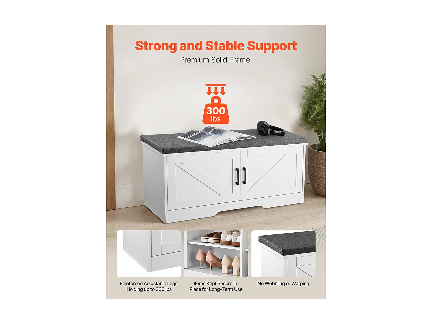 Banc de Rangement SucceBuy à Chaussures, 100 x 35,5 x 46 cm, Banc d'Entrée avec Coussin d'Assise Rembourré, 2 Portes de Grange et Étagère Réglable en Hauteur