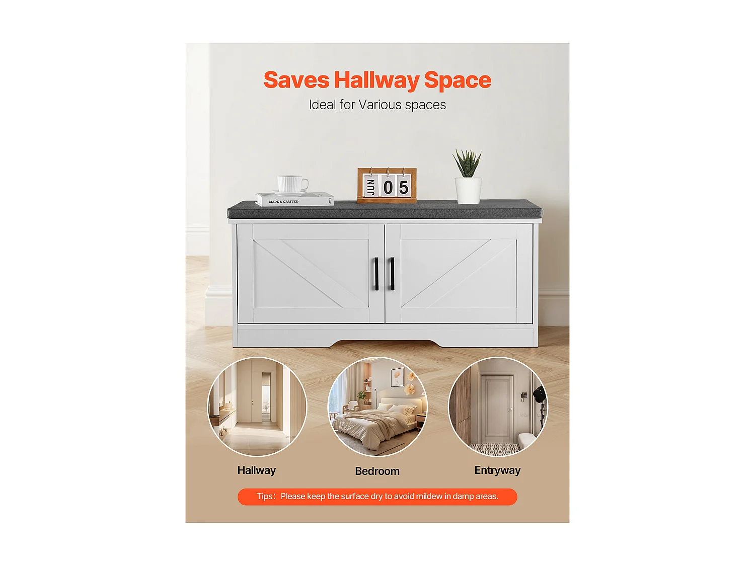 Banc de Rangement SucceBuy à Chaussures, 100 x 35,5 x 46 cm, Banc d'Entrée avec Coussin d'Assise Rembourré, 2 Portes de Grange et Étagère Réglable en Hauteur