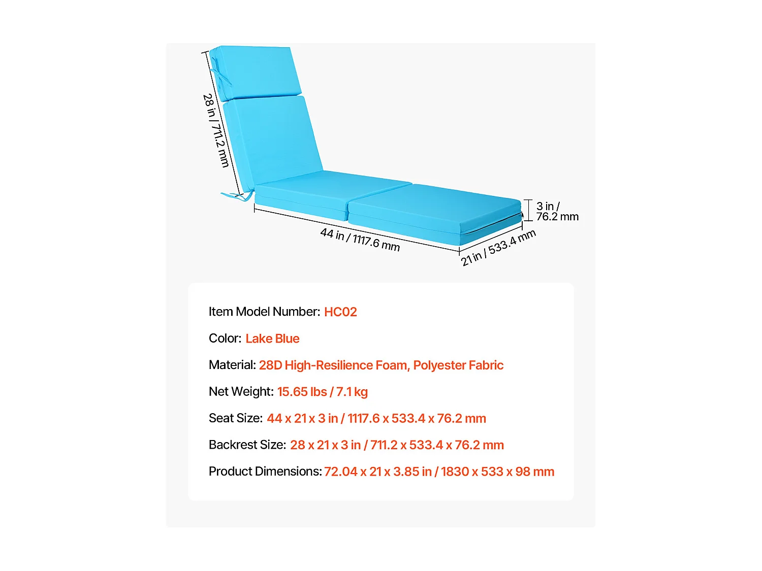 Coussin de Bain de Soleil SucceBuy, 183x53,3 cm, Coussin de Chaise Longue de Jardin, Lot de 2, Imperméable Épais Résistant à Décoloration, avec Attaches