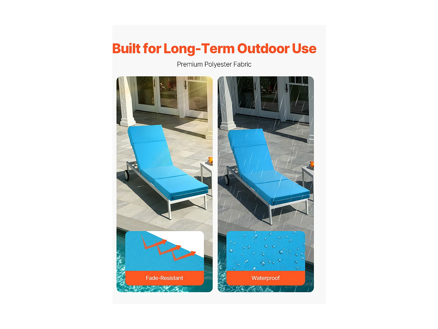 Coussin de Bain de Soleil SucceBuy, 183x53,3 cm, Coussin de Chaise Longue de Jardin, Lot de 2, Imperméable Épais Résistant à Décoloration, avec Attaches