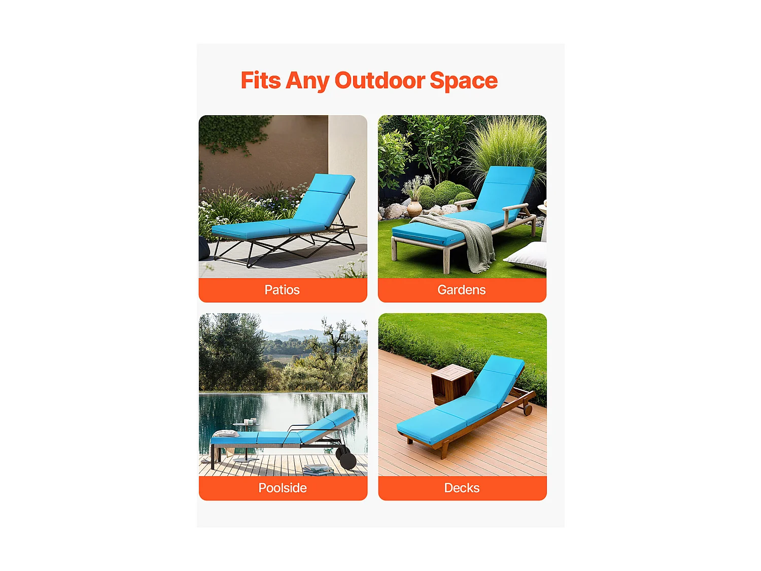 Coussin de Bain de Soleil SucceBuy, 183x53,3 cm, Coussin de Chaise Longue de Jardin, Lot de 2, Imperméable Épais Résistant à Décoloration, avec Attaches