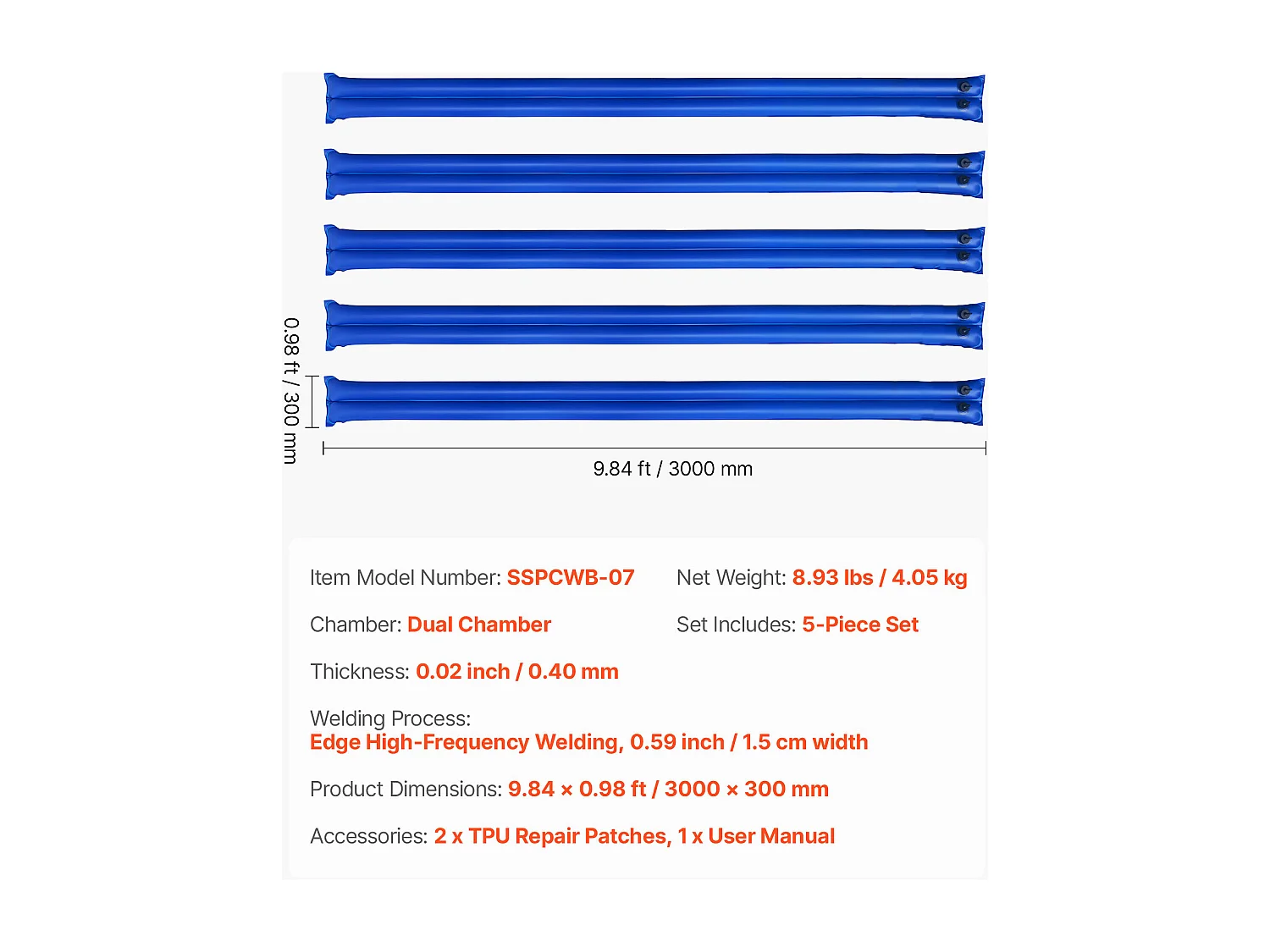 Waterzak SucceBuy voor Zwembadzeil, Set van 5, Dubbele Kamer Ballastzak, 3 m, Geballaste Slangzakken PVC Dikte 0,4 mm, met Schroefdop Waterdicht