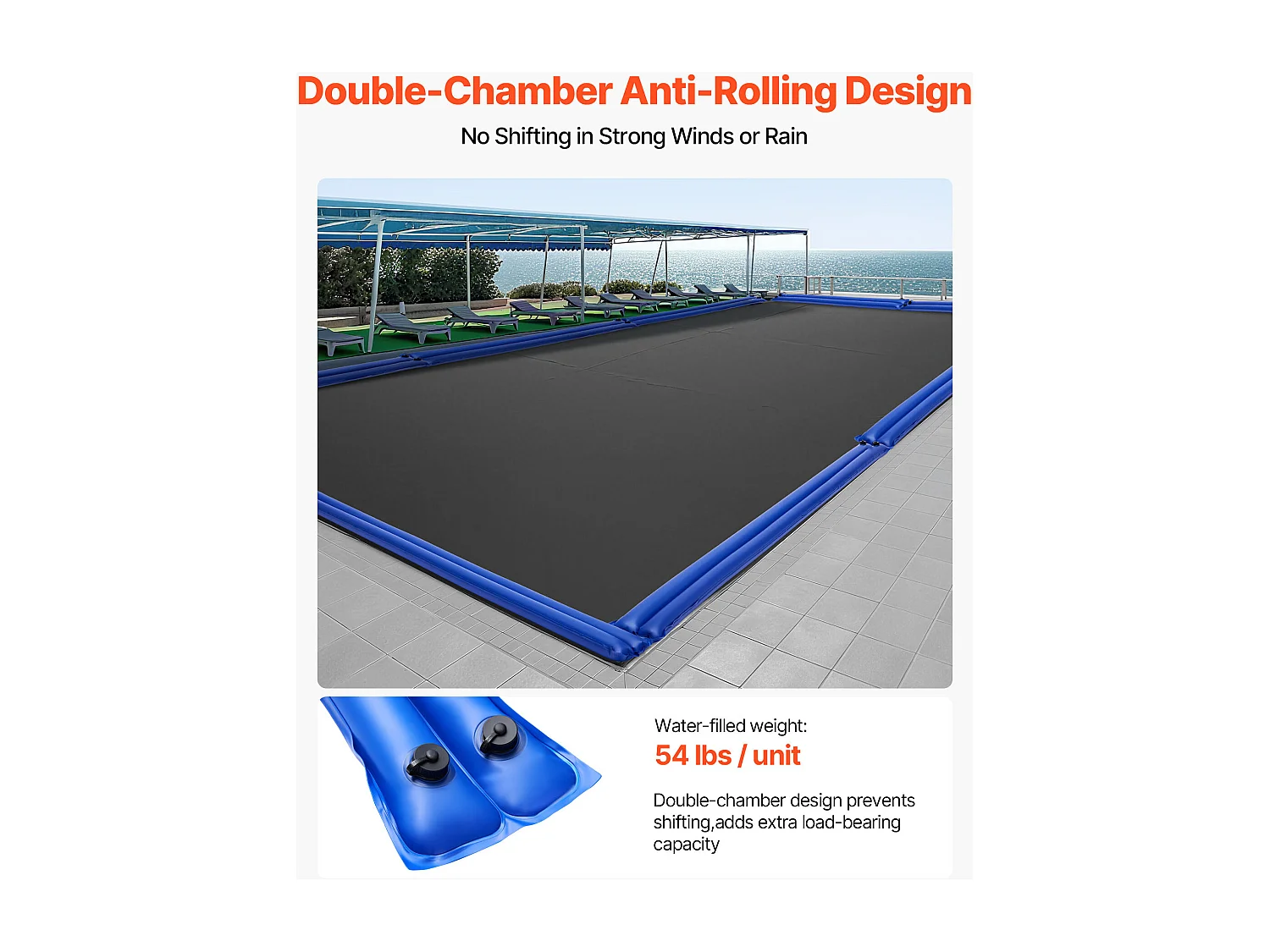 Waterzak SucceBuy voor Zwembadzeil, Set van 5, Dubbele Kamer Ballastzak, 3 m, Geballaste Slangzakken PVC Dikte 0,4 mm, met Schroefdop Waterdicht