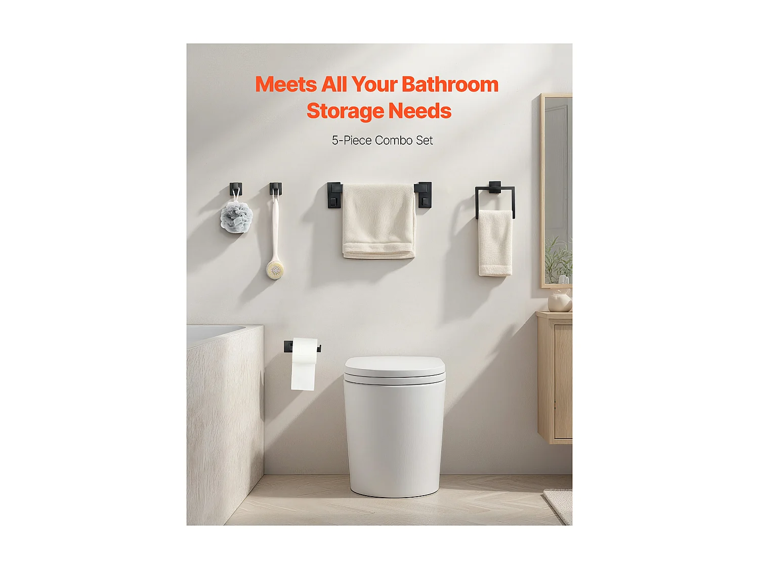 Accessoires de Salle de Bain SucceBuy 5PCs, Porte-Serviettes Mural en Inox, Barre 40 cm, avec Support Serviettes Carré, 2 Crochets pour Peignoir