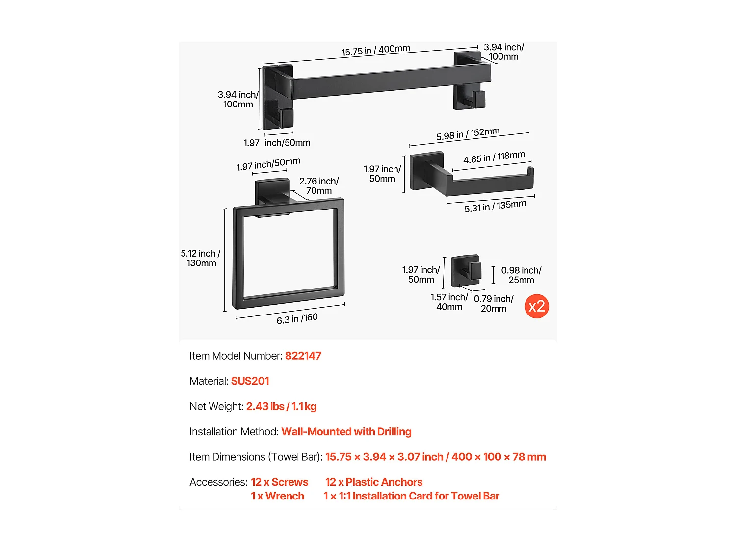 Accessoires de Salle de Bain SucceBuy 5PCs, Porte-Serviettes Mural en Inox, Barre 40 cm, avec Support Serviettes Carré, 2 Crochets pour Peignoir