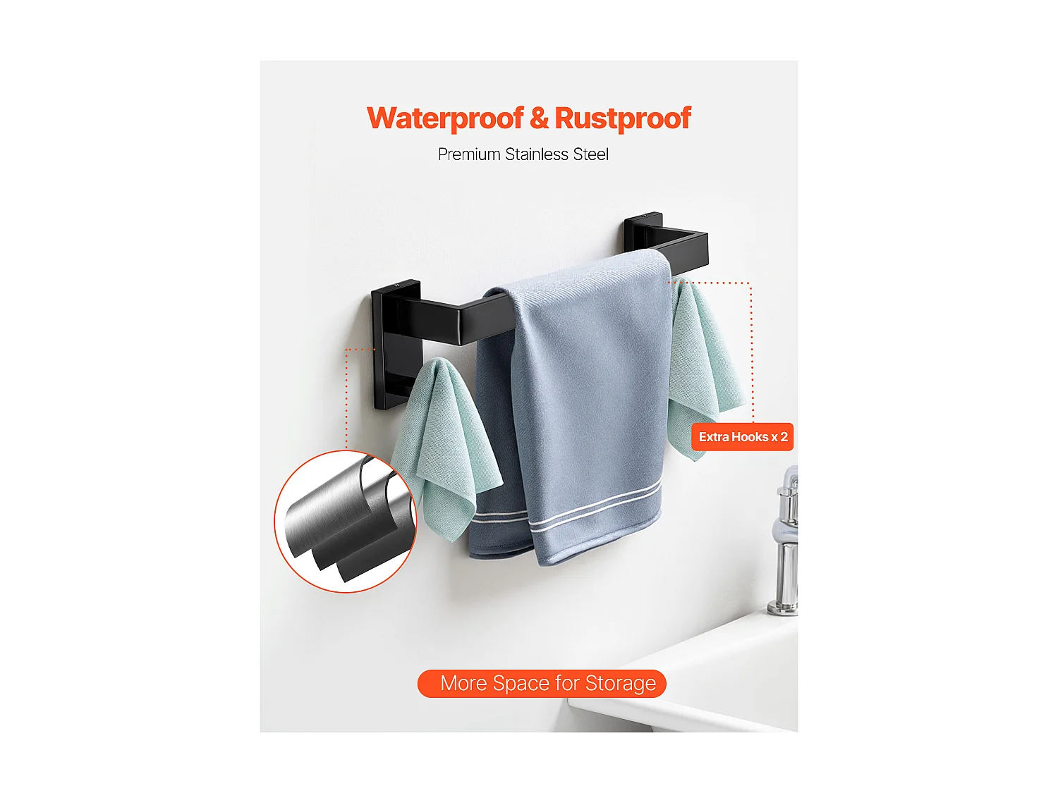 Accessoires de Salle de Bain SucceBuy 5PCs, Porte-Serviettes Mural en Inox, Barre 40 cm, avec Support Serviettes Carré, 2 Crochets pour Peignoir