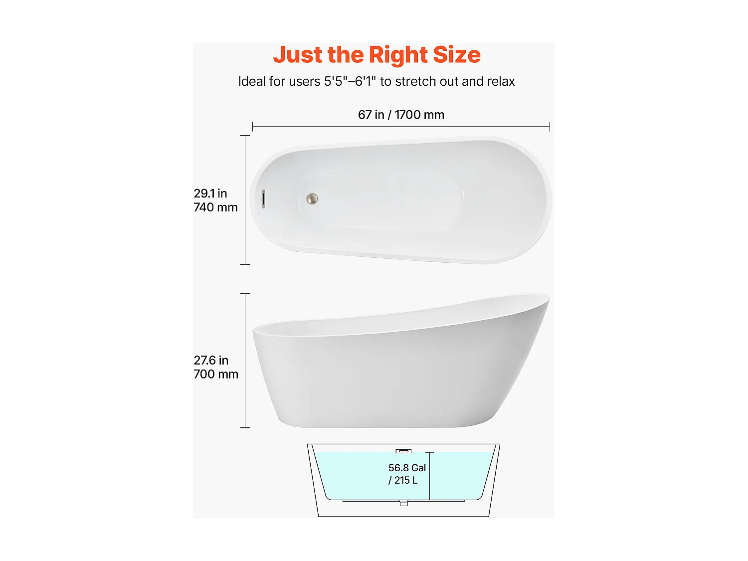 Baignoire Autoportante SucceBuy en Acrylique, Baignoire Îlot Moderne et Élégante, 170x74 cm, Grande Capacité 215 L, avec Trop-plein et Bonde en Nickel Brossé