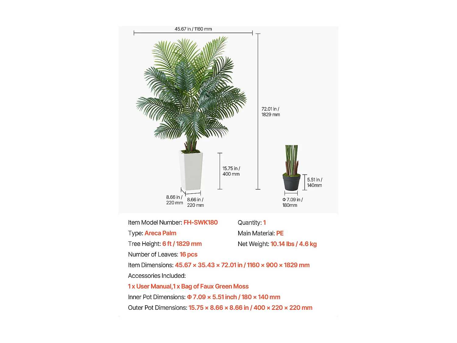 Palmier Artificiel Areca SucceBuy, 1,8 m, Plante Artificielle Tropicale en Pot Blanc, Faux Arbre Tropical Palmier Areca, Fausse Plante pour Salon