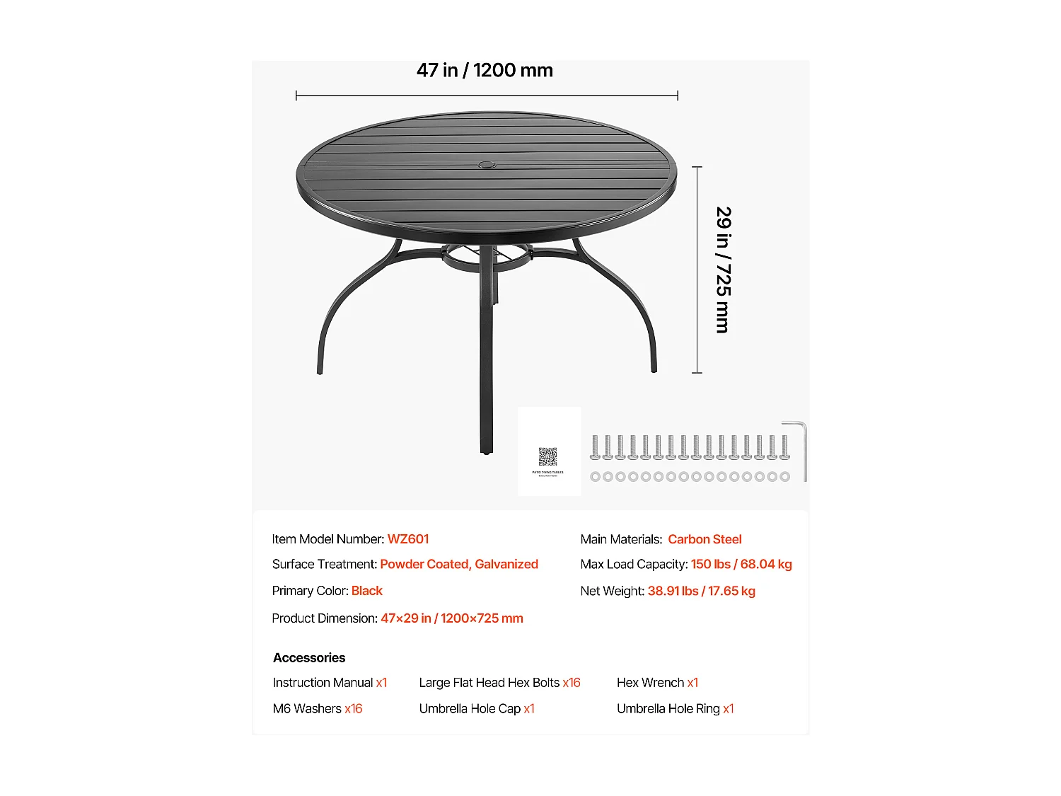 Table à Manger SucceBuy pour Patio Extérieur 120 cm, Table de Bistrot Ronde en Acier Et Métal, Charge 68,04 kg, avec Trou pour Parasol de 3.8 cm, Noir