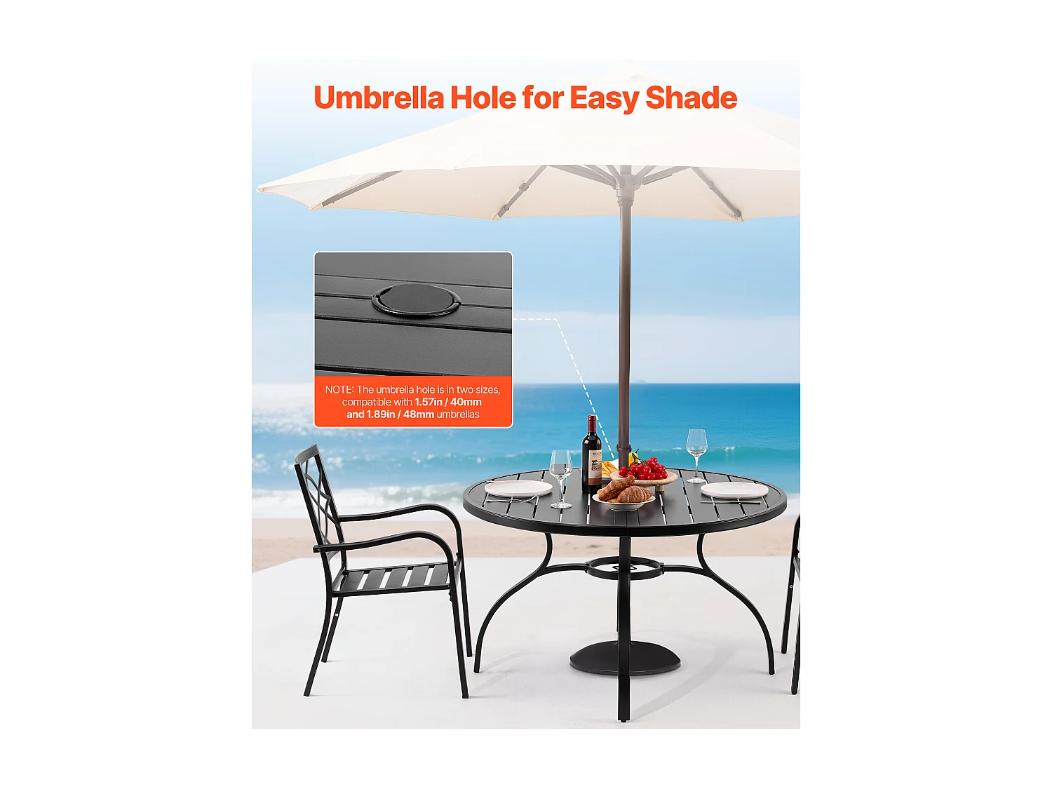 Table à Manger SucceBuy pour Patio Extérieur 120 cm, Table de Bistrot Ronde en Acier Et Métal, Charge 68,04 kg, avec Trou pour Parasol de 3.8 cm, Noir