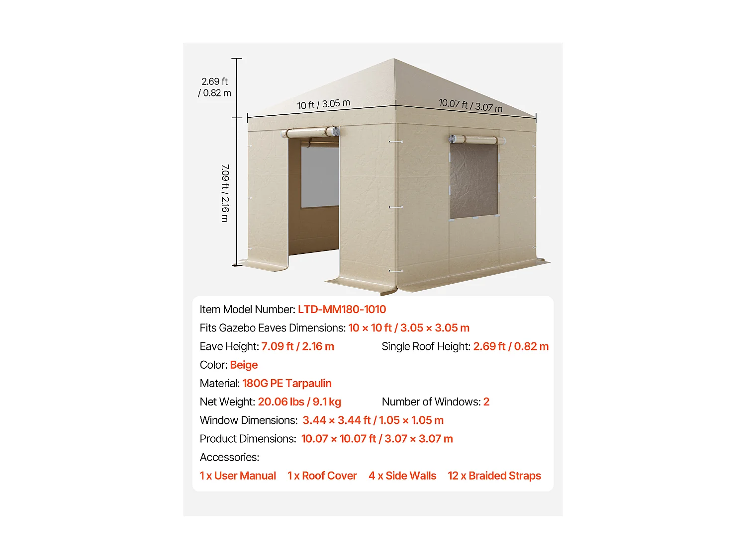 Funda de Gazebo Invierno SucceBuy, 3,05x3,05 m, Cubierta de Gazebo Techo Rígido Toda Estación, con Paneles Laterales, Ventanas de Malla, Material PE Alta Densidad