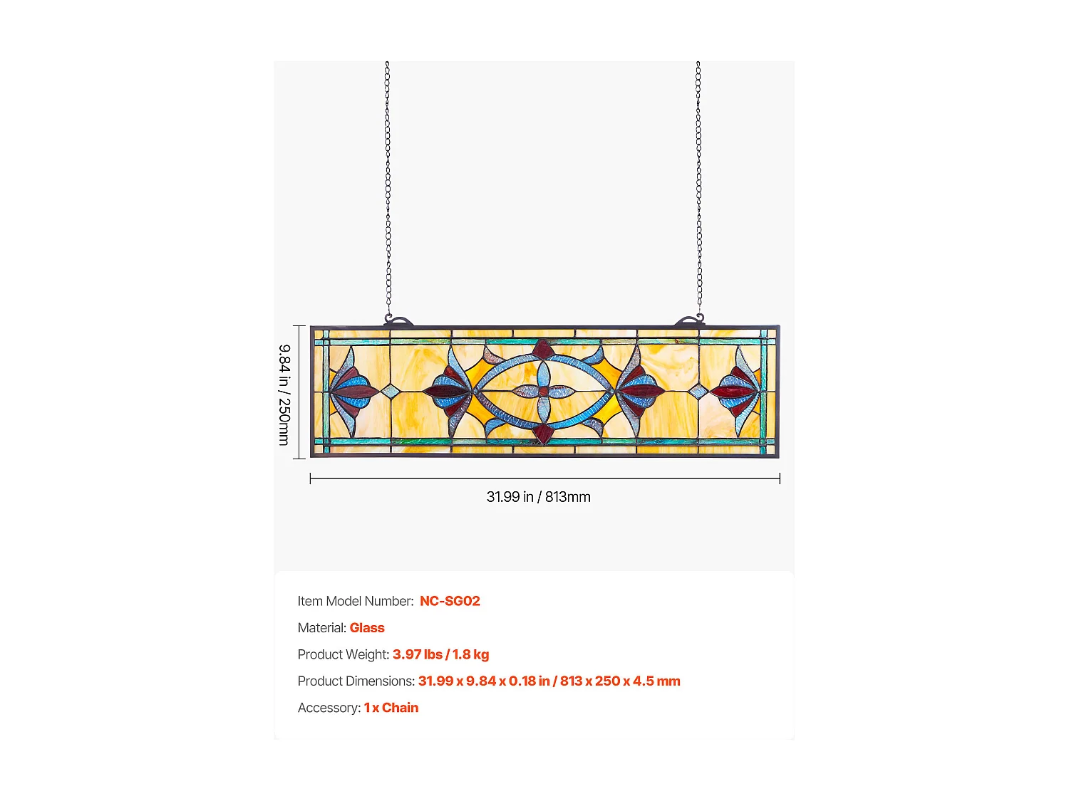 Attrape-Soleil Vitrail SucceBuy 81,3 x 25 cm, Vitrail Suspendu avec Chaîne, Style Tiffany, Rectangle Horizontal, Artisanat Traditionnel Vintage pour Décoration