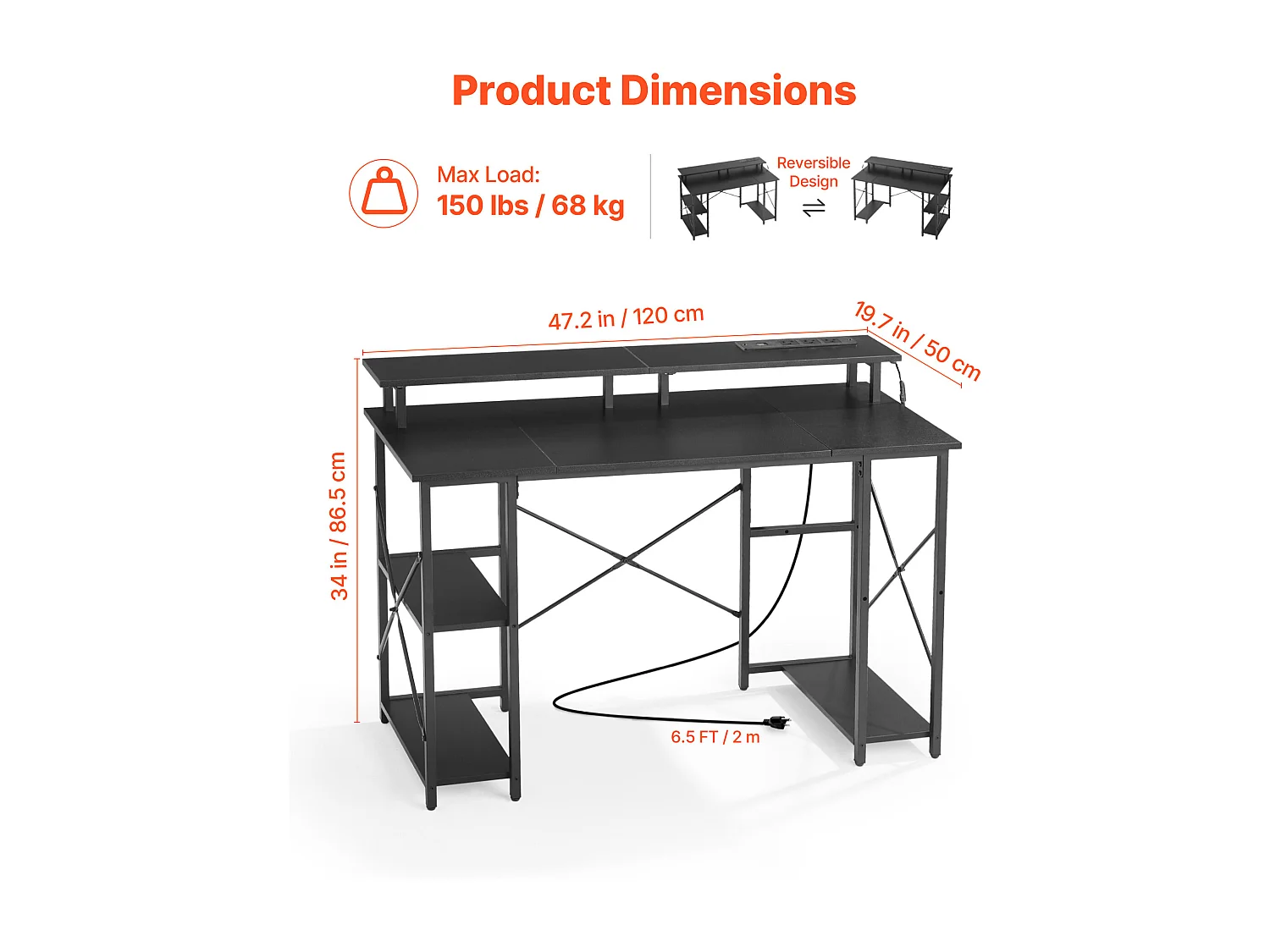 Computerbureau SucceBuy 120x50x86,5 cm met Slimme LED-Verlichting en Stopcontacten, Bureau voor Computer met Monitorstandaard, Zwart