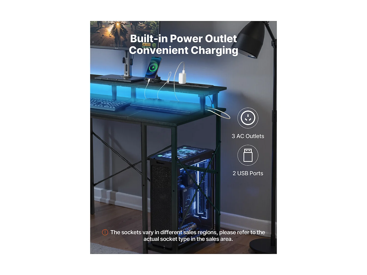 Computerbureau SucceBuy 120x50x86,5 cm met Slimme LED-Verlichting en Stopcontacten, Bureau voor Computer met Monitorstandaard, Zwart