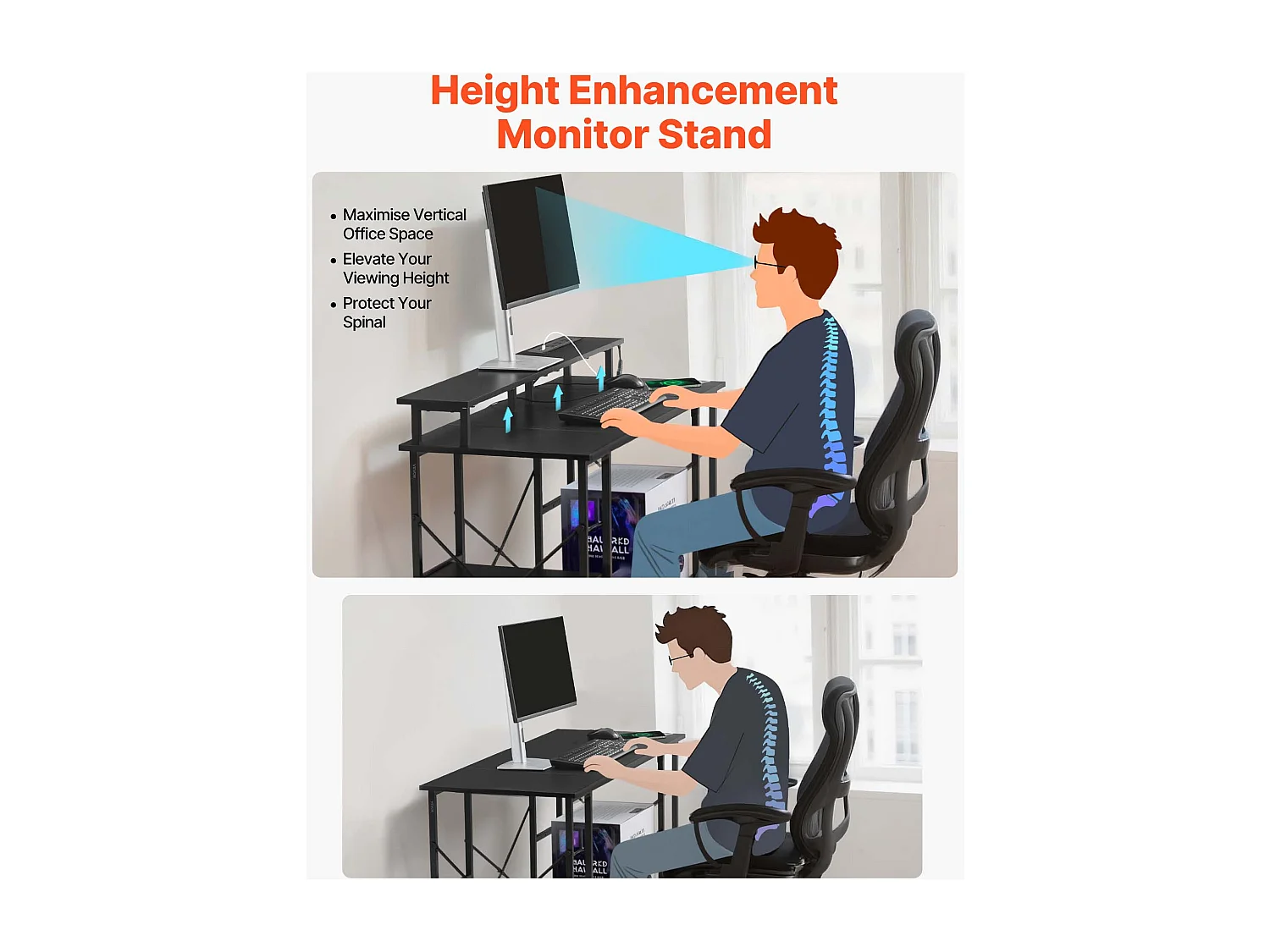 Computerbureau SucceBuy 120x50x86,5 cm met Slimme LED-Verlichting en Stopcontacten, Bureau voor Computer met Monitorstandaard, Zwart