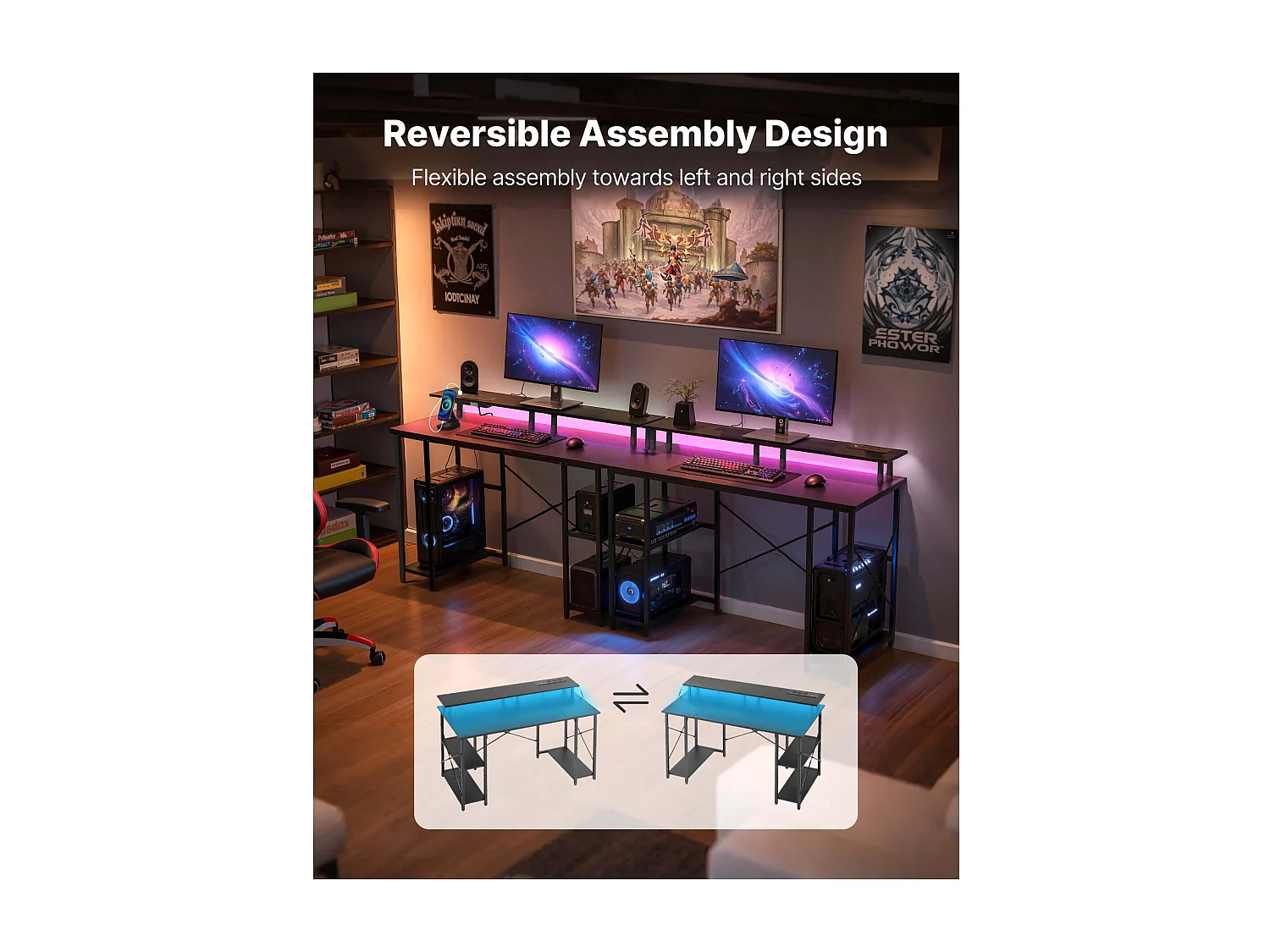 Computerbureau SucceBuy 120x50x86,5 cm met Slimme LED-Verlichting en Stopcontacten, Bureau voor Computer met Monitorstandaard, Zwart