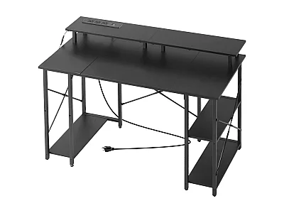 Escritório para Computador SucceBuy 120x50x86,5 cm com Iluminação LED Inteligente e Tomadas, Mesa de Escritório para Computador com Suporte para Monitor, Preto