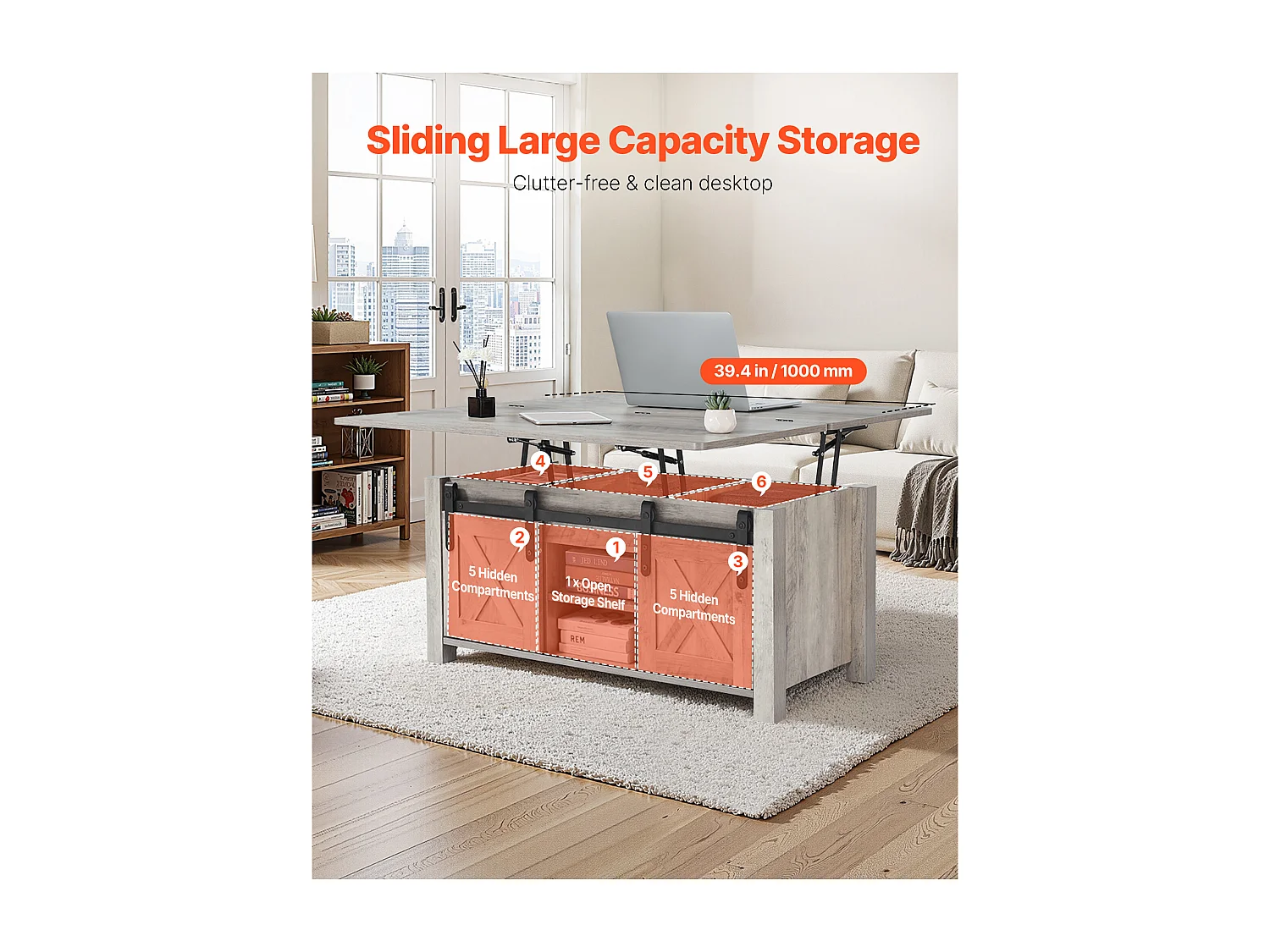 Tavolino SucceBuy con Piano Sollevabile Rettangolare, 100 x 50 x 48.5 cm, Tavolo da Salotto con Porta Fienile e Scomparto di Archiviazione Nascosto