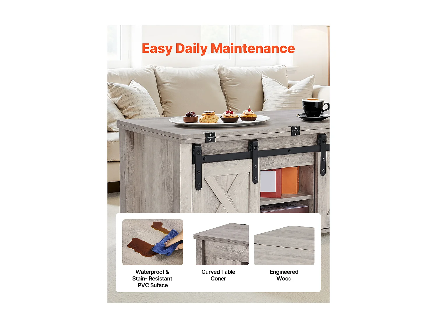 Tavolino SucceBuy con Piano Sollevabile Rettangolare, 100 x 50 x 48.5 cm, Tavolo da Salotto con Porta Fienile e Scomparto di Archiviazione Nascosto