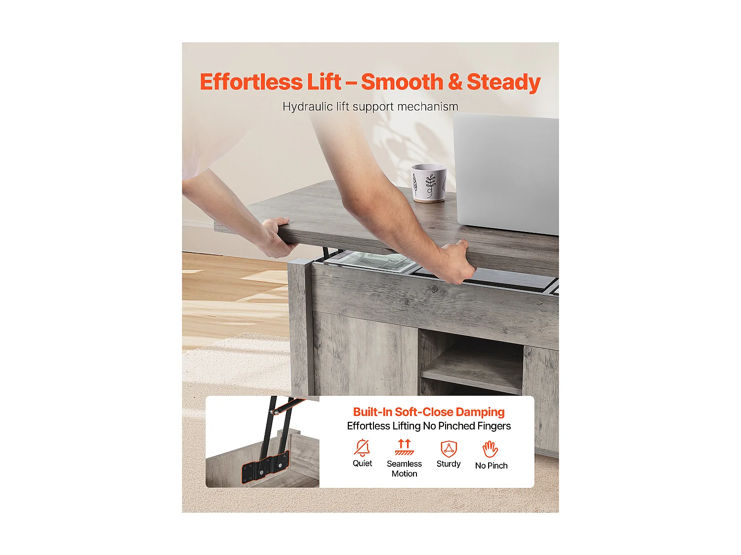 Tavolino SucceBuy con Piano Sollevabile Rettangolare, 100 x 50 x 48.5 cm, Tavolo da Salotto con Porta Fienile e Scomparto di Archiviazione Nascosto