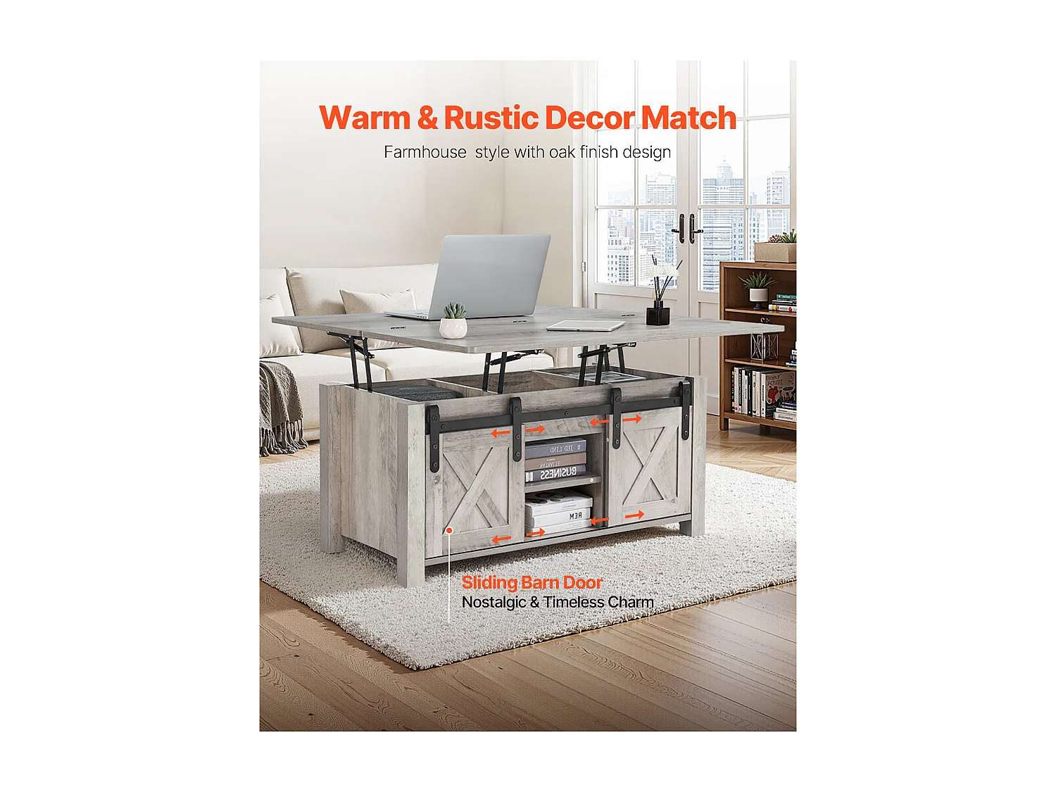 Table Basse SucceBuy à Plateau Relevable Rectangulaire, 100 x 50 x 48.5 cm, Table de Salon avec Porte de Grange et Compartiment de Rangement Dissimulé