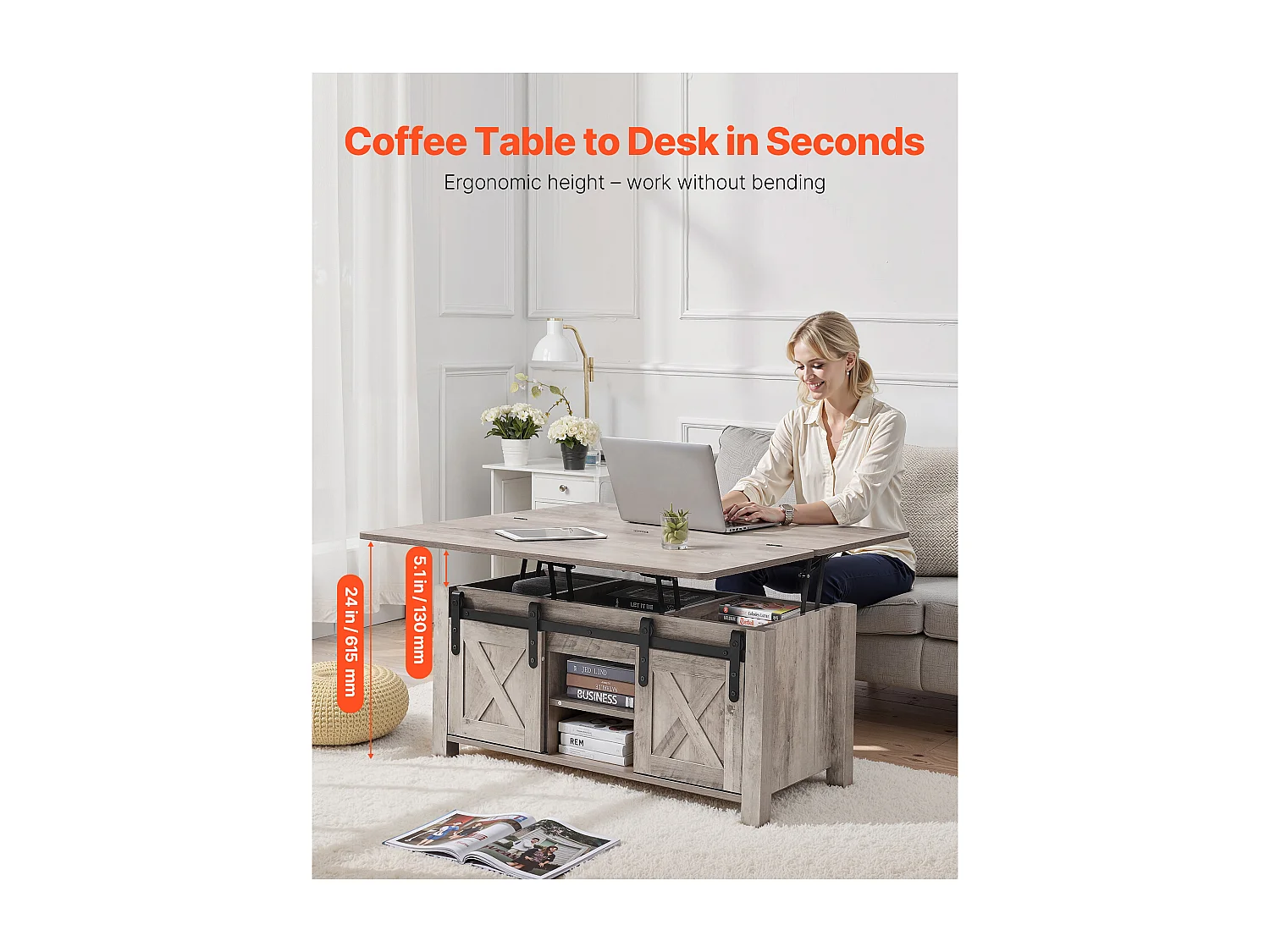 Table Basse SucceBuy à Plateau Relevable Rectangulaire, 100 x 50 x 48.5 cm, Table de Salon avec Porte de Grange et Compartiment de Rangement Dissimulé