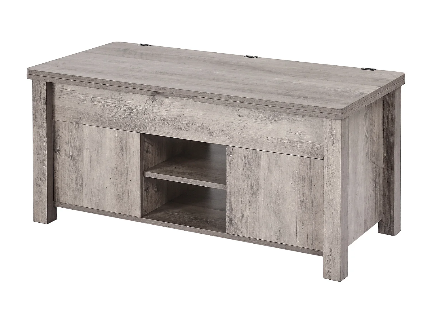 Table Basse SucceBuy à Plateau Relevable Rectangulaire, 100 x 50 x 48.5 cm, Table de Salon avec Porte de Grange et Compartiment de Rangement Dissimulé