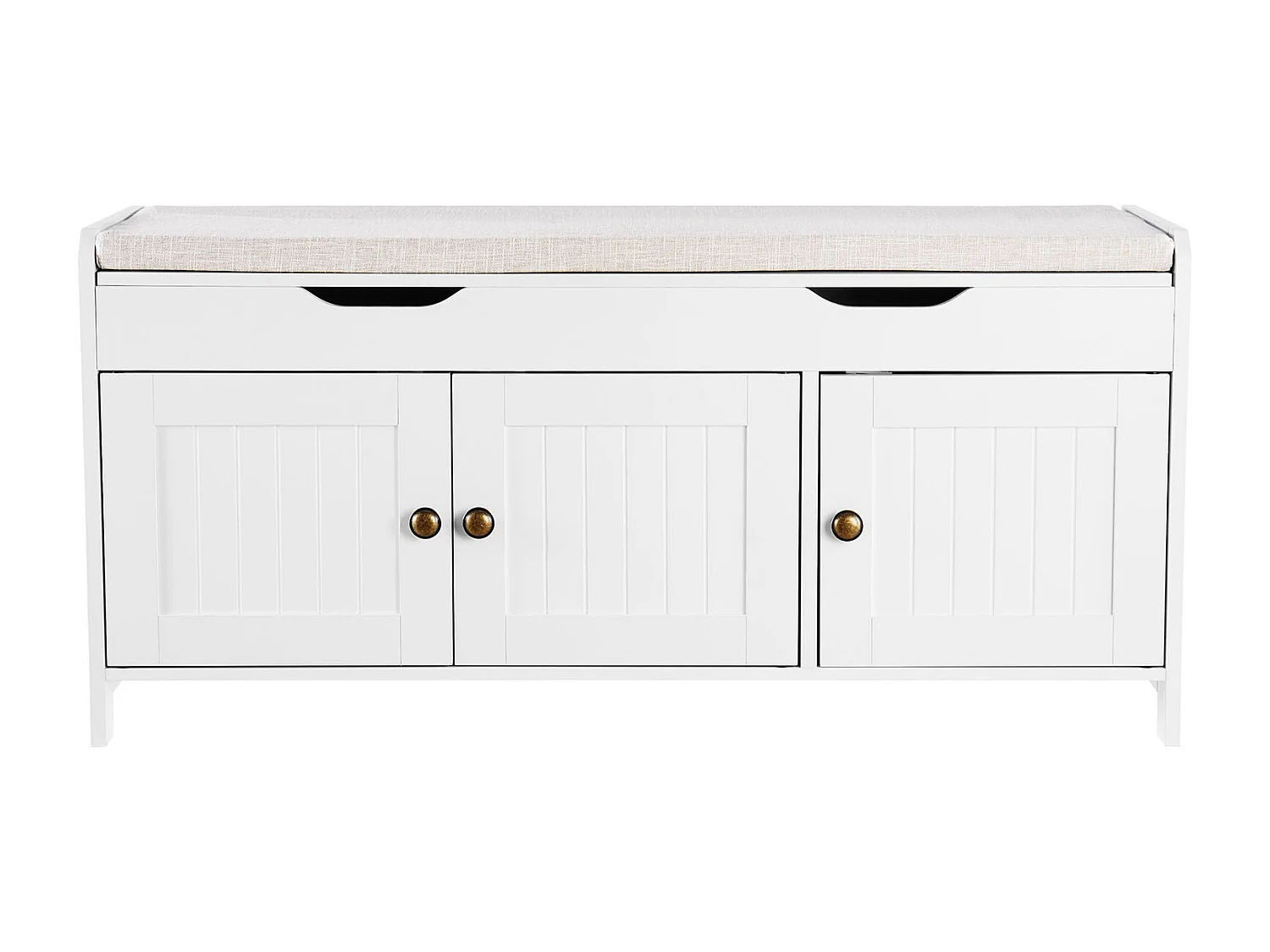 Banc à Chaussures SucceBuy 105x35x50,3 cm, Banc Entrée avec 3 Armoires, Étagère Réglable en Hauteur, Rangement à Plateau Relevable, Coussin Assise, 113,4 kg