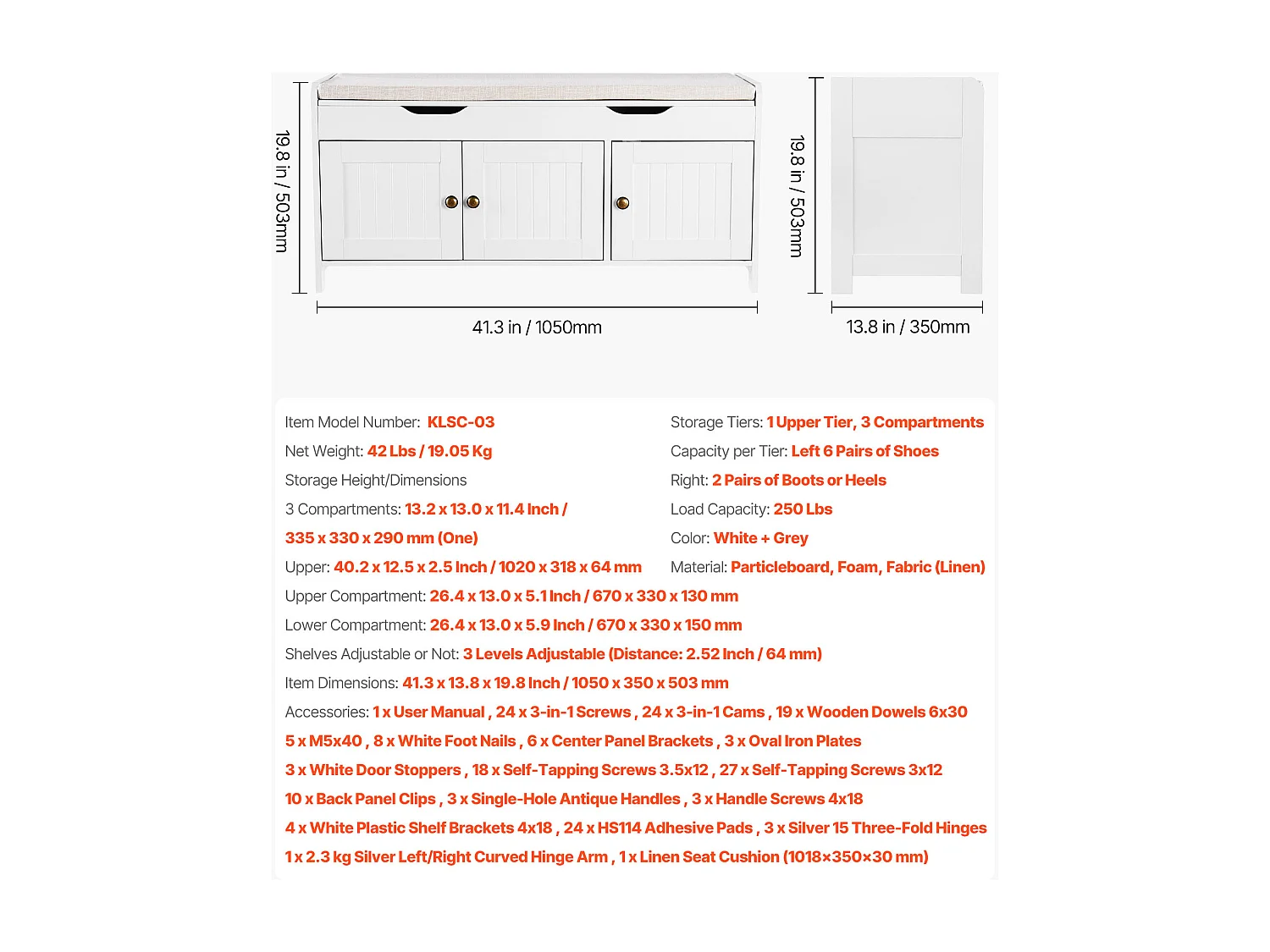 Banc à Chaussures SucceBuy 105x35x50,3 cm, Banc Entrée avec 3 Armoires, Étagère Réglable en Hauteur, Rangement à Plateau Relevable, Coussin Assise, 113,4 kg