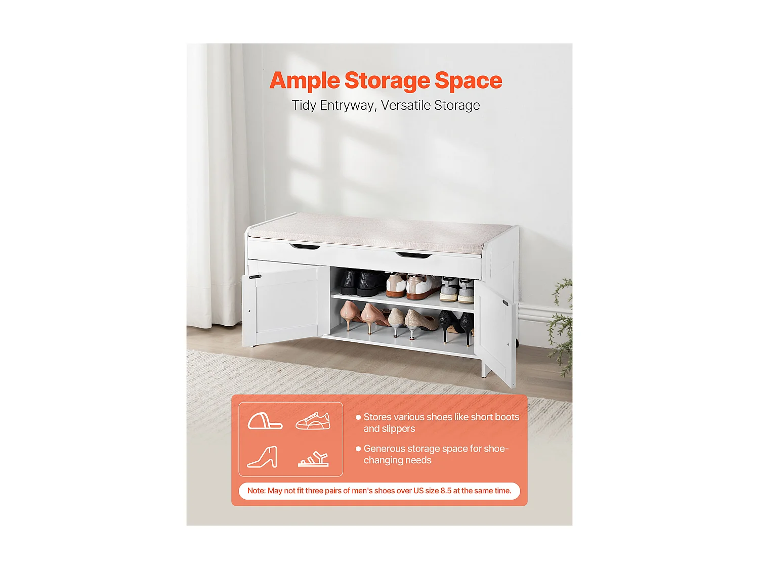 Banc à Chaussures SucceBuy 105x35x50,3 cm, Banc Entrée avec 3 Armoires, Étagère Réglable en Hauteur, Rangement à Plateau Relevable, Coussin Assise, 113,4 kg