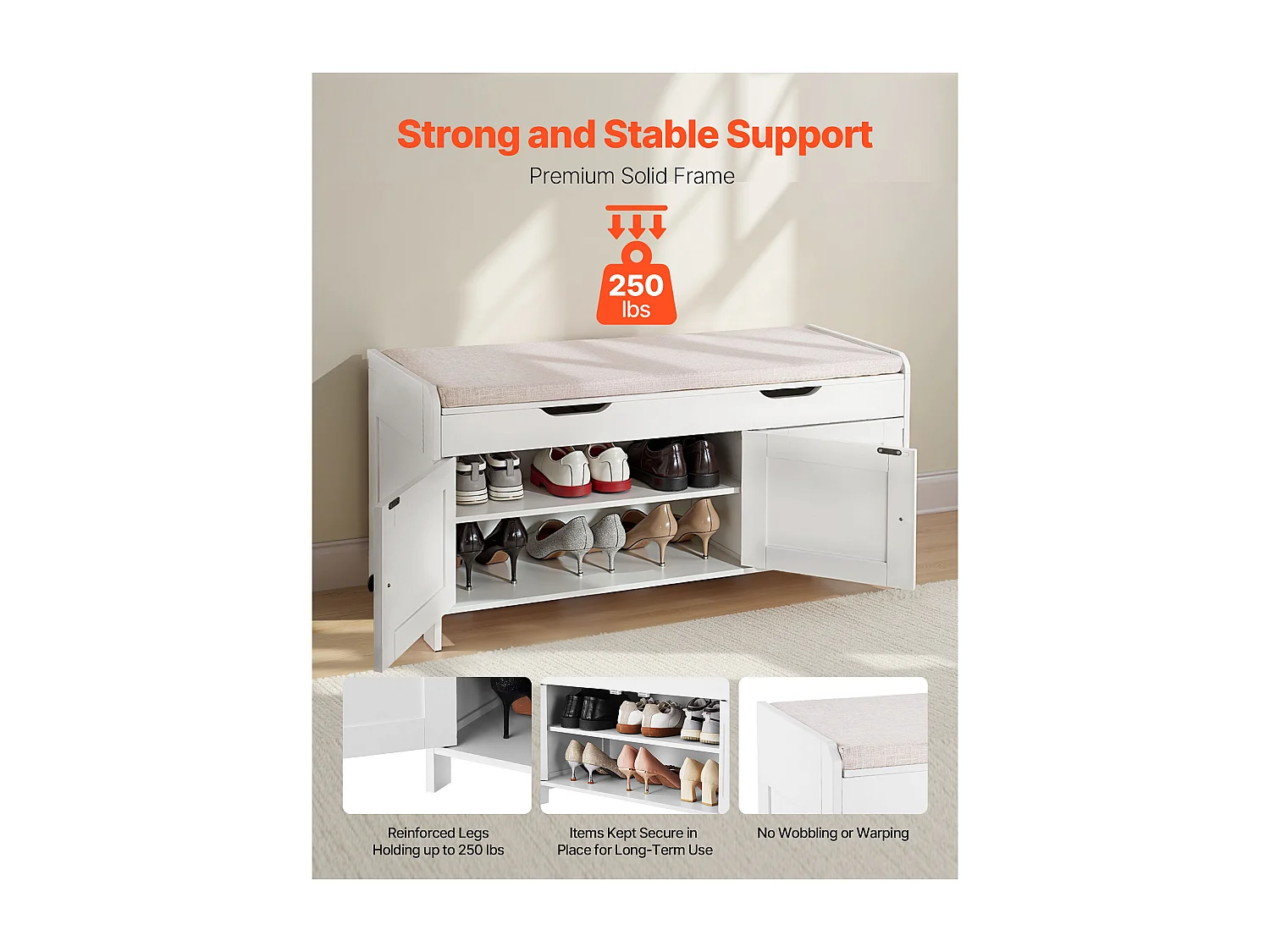 Banc à Chaussures SucceBuy 105x35x50,3 cm, Banc Entrée avec 3 Armoires, Étagère Réglable en Hauteur, Rangement à Plateau Relevable, Coussin Assise, 113,4 kg