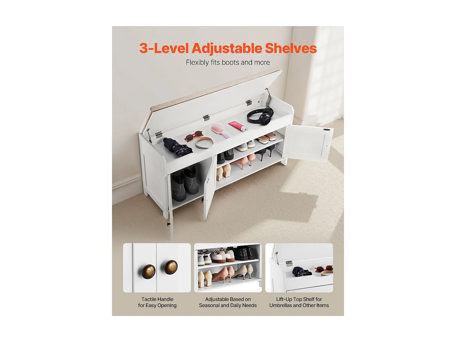Banc à Chaussures SucceBuy 105x35x50,3 cm, Banc Entrée avec 3 Armoires, Étagère Réglable en Hauteur, Rangement à Plateau Relevable, Coussin Assise, 113,4 kg