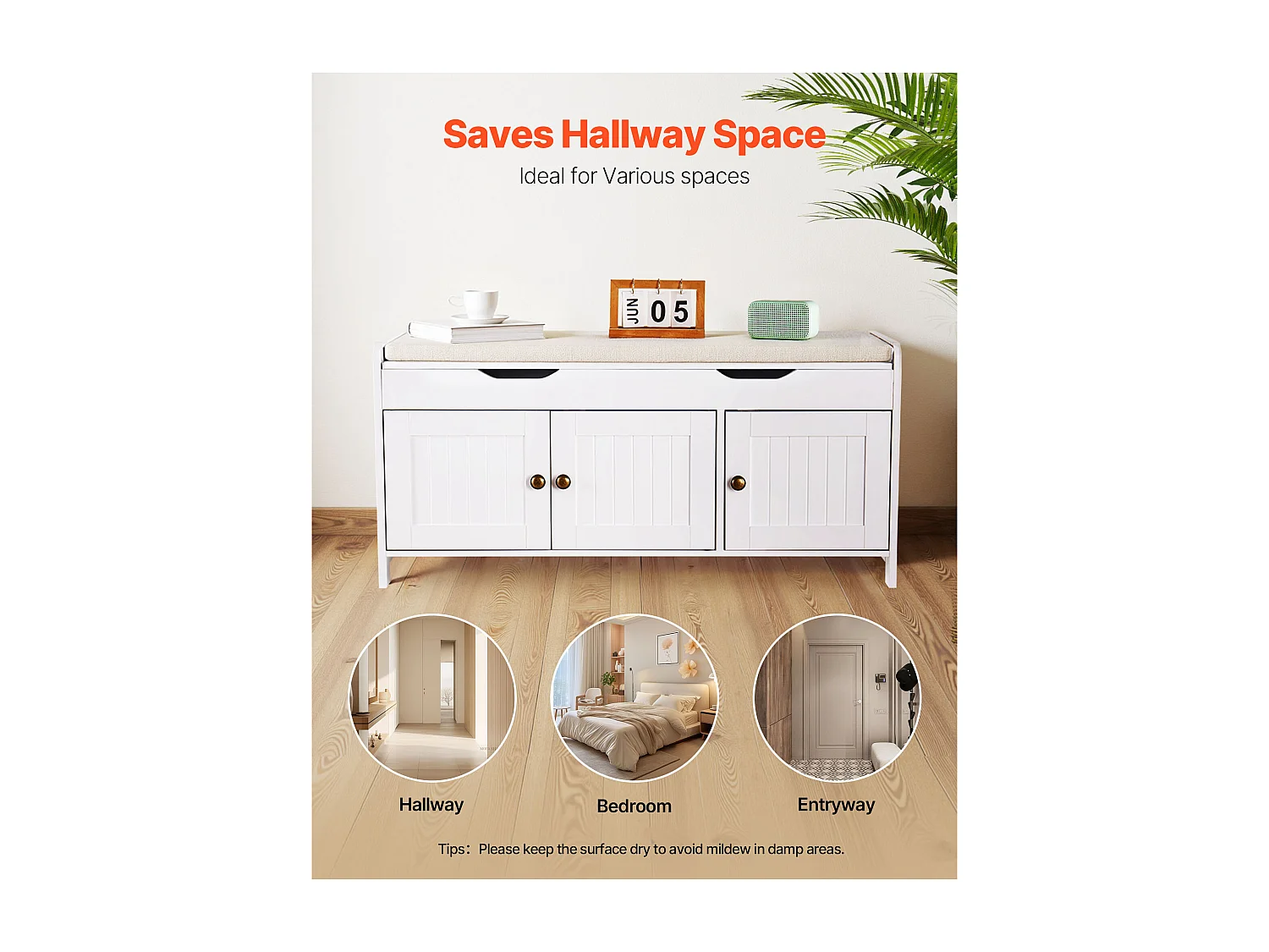 Banc à Chaussures SucceBuy 105x35x50,3 cm, Banc Entrée avec 3 Armoires, Étagère Réglable en Hauteur, Rangement à Plateau Relevable, Coussin Assise, 113,4 kg