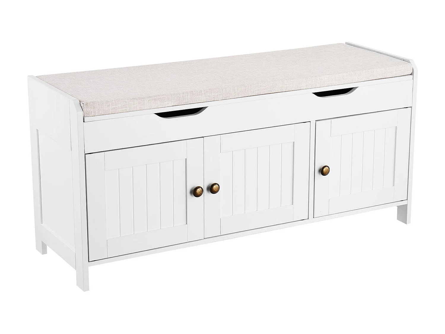 Banc à Chaussures SucceBuy 105x35x50,3 cm, Banc Entrée avec 3 Armoires, Étagère Réglable en Hauteur, Rangement à Plateau Relevable, Coussin Assise, 113,4 kg