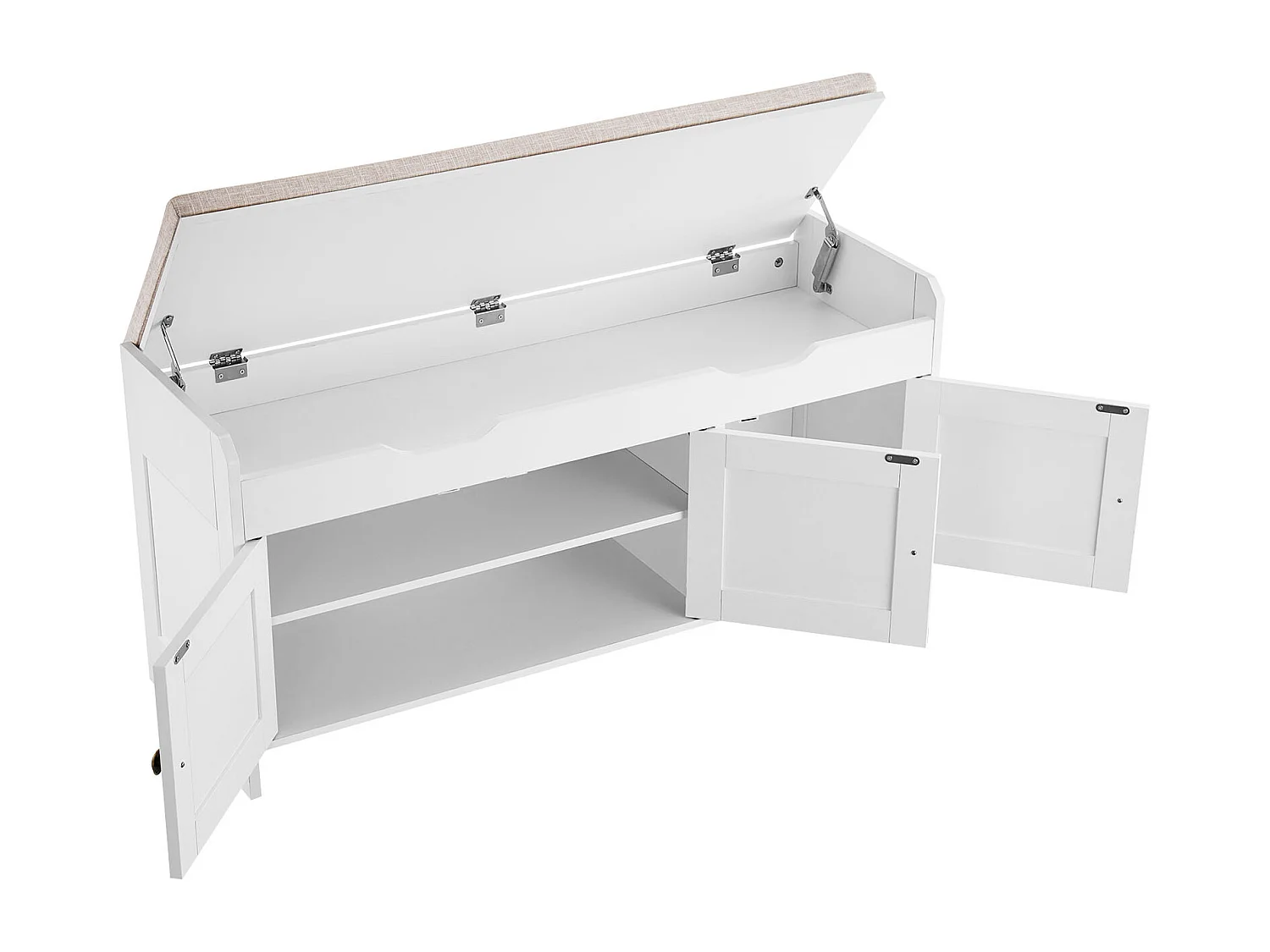 Banc à Chaussures SucceBuy 105x35x50,3 cm, Banc Entrée avec 3 Armoires, Étagère Réglable en Hauteur, Rangement à Plateau Relevable, Coussin Assise, 113,4 kg