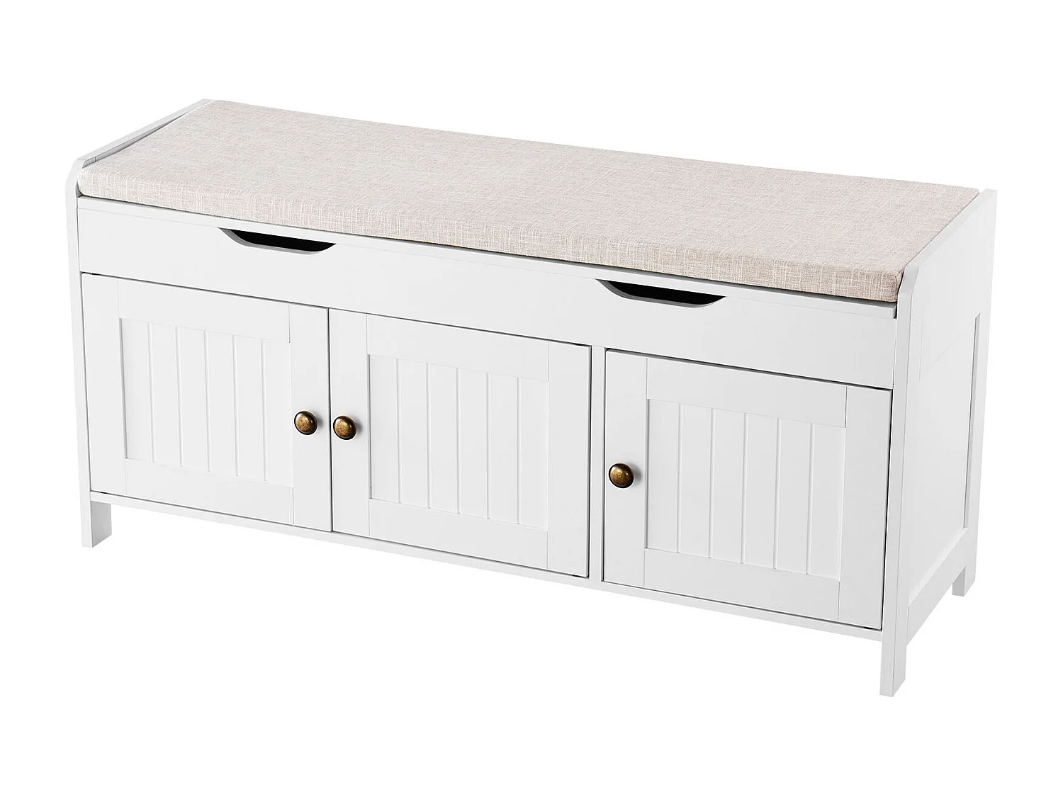 Banc à Chaussures SucceBuy 105x35x50,3 cm, Banc Entrée avec 3 Armoires, Étagère Réglable en Hauteur, Rangement à Plateau Relevable, Coussin Assise, 113,4 kg