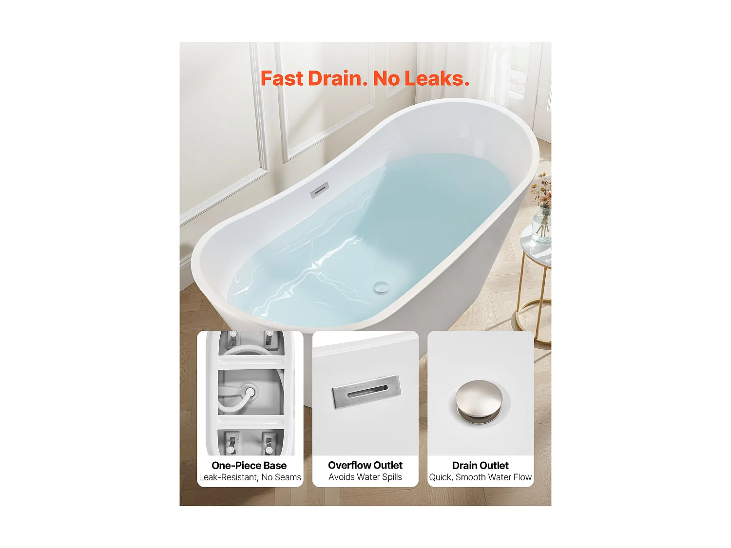 Baignoire Autoportante SucceBuy en Acrylique, Baignoire Îlot Moderne et Élégante, 170x80 cm, Grande Capacité 190 L, avec Trop-plein et Bonde en Nickel Brossé