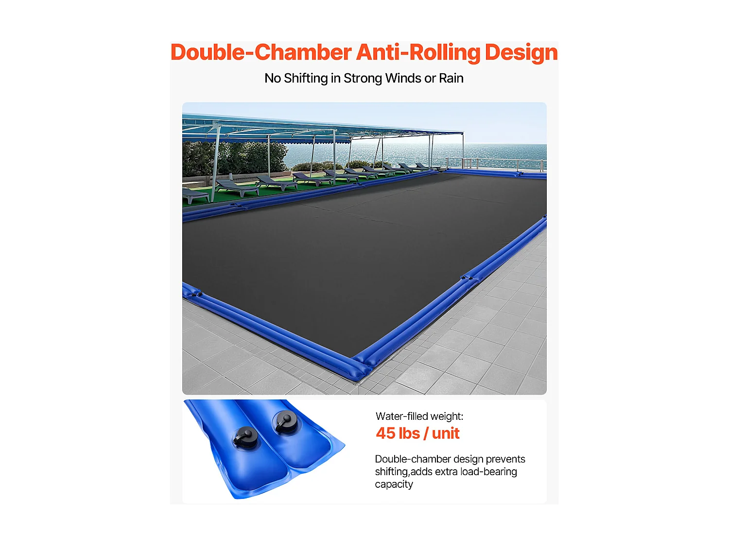 Waterzak SucceBuy voor Zwembadzeil, Set van 12, Dubbele Kamer Ballastzak, 2,4 m, Geballaste Slangzakken PVC Dikte 0,4 mm, met Schroefdop Waterdicht