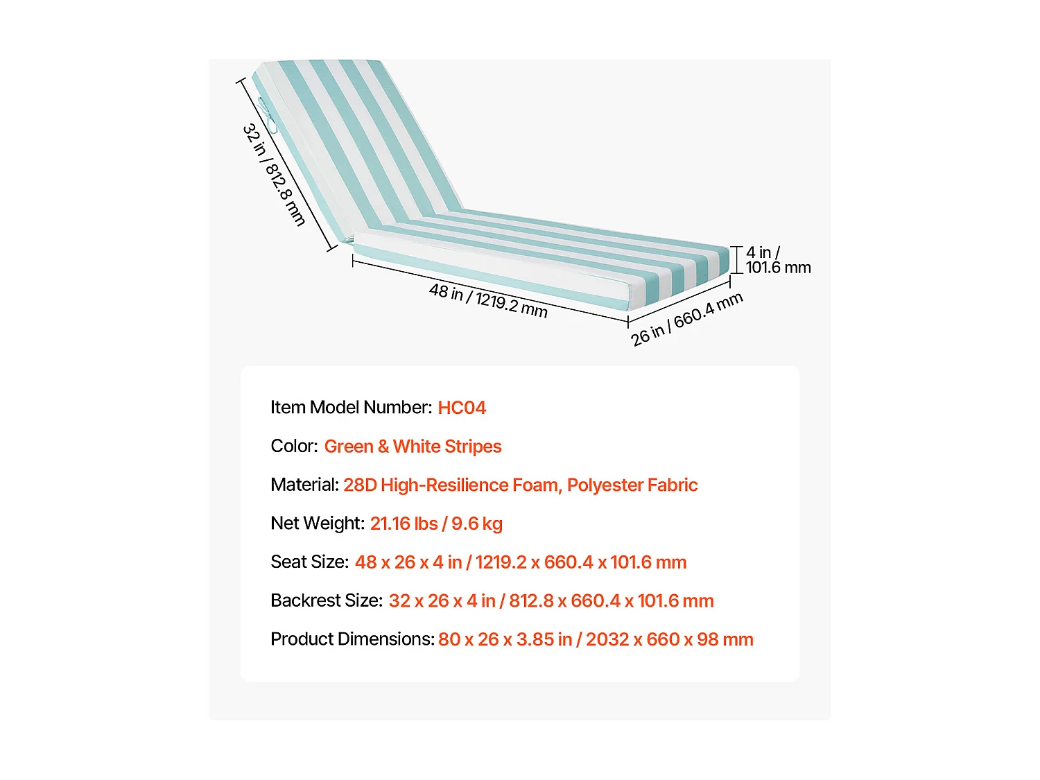 Liegestuhl-Kissen SucceBuy, 203 x 66 cm, Garten-Liegestuhl-Kissen, Set von 2, Wasserdicht Dick Beständig gegen Verblassen, mit Befestigungsbändern, für Terrasse