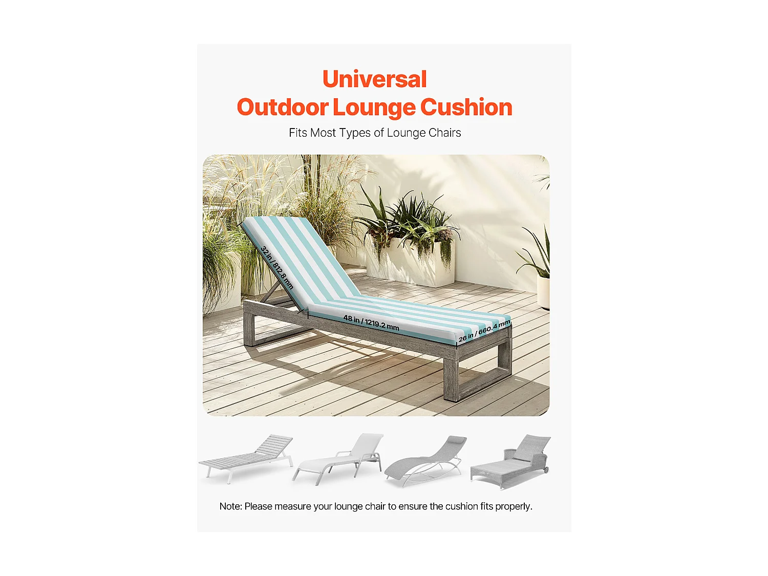 Liegestuhl-Kissen SucceBuy, 203 x 66 cm, Garten-Liegestuhl-Kissen, Set von 2, Wasserdicht Dick Beständig gegen Verblassen, mit Befestigungsbändern, für Terrasse