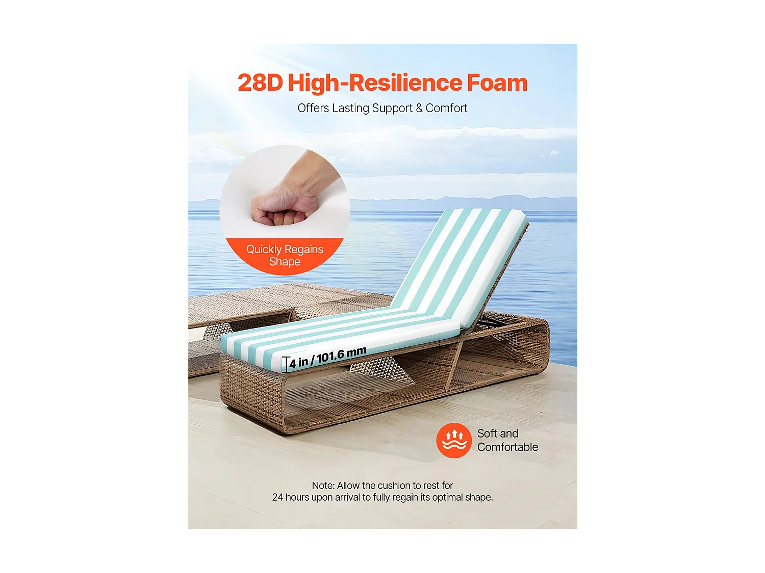 Liegestuhl-Kissen SucceBuy, 203 x 66 cm, Garten-Liegestuhl-Kissen, Set von 2, Wasserdicht Dick Beständig gegen Verblassen, mit Befestigungsbändern, für Terrasse