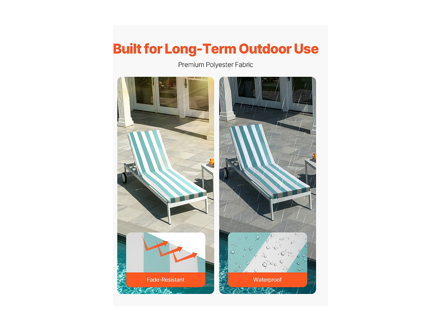 Liegestuhl-Kissen SucceBuy, 203 x 66 cm, Garten-Liegestuhl-Kissen, Set von 2, Wasserdicht Dick Beständig gegen Verblassen, mit Befestigungsbändern, für Terrasse