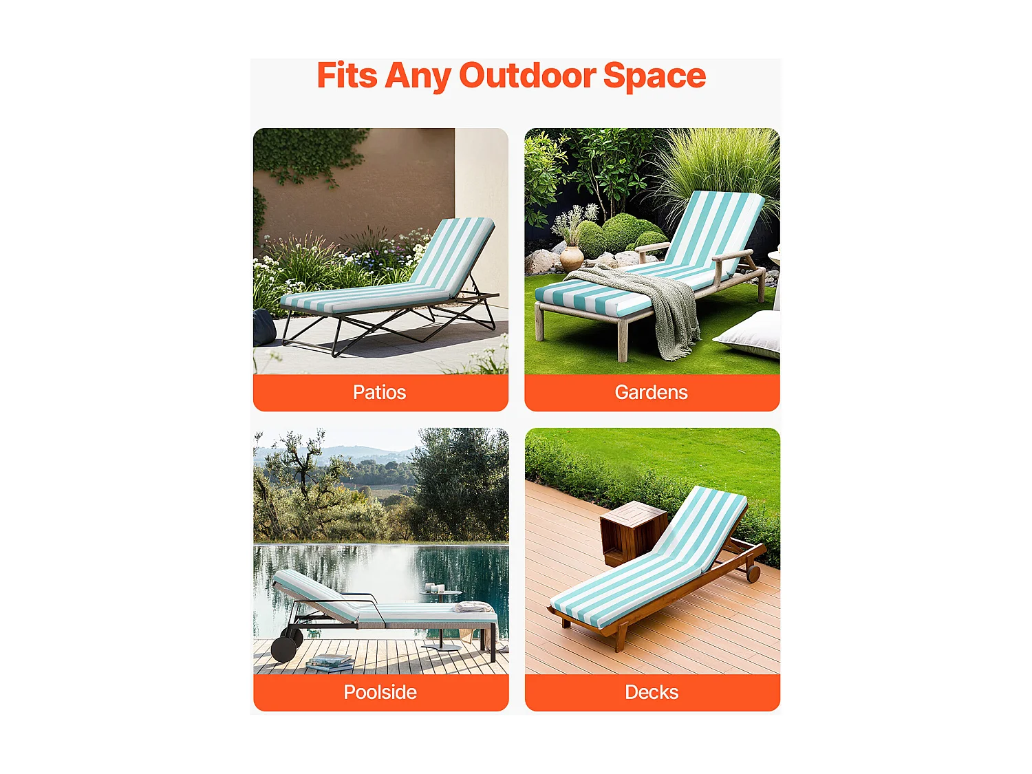 Coussin de Bain de Soleil SucceBuy, 203 x 66 cm, Coussin de Chaise Longue de Jardin, Lot de 2, Imperméable Épais Résistant à Décoloration, avec Attaches